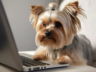 Cute Yorkshire Terrier dog at the table in front of the keyboard, looking at the screen and working on the computer