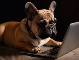 Cute bulldog dog at the table in front of the keyboard, looking at the screen and working on the computer