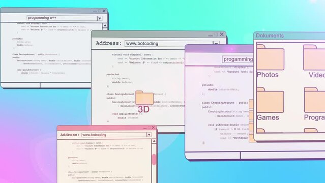 Vaporwave computer desktop animtion with moving programming windows and files. Retro 80s 90s background