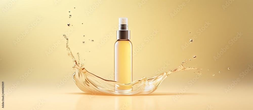 Poster liquid pouring from a black bottle separate from others isolated pastel background copy space