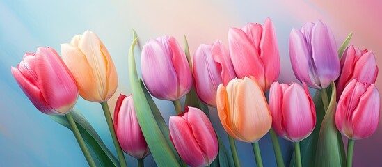 Vibrant tulips isolated pastel background Copy space