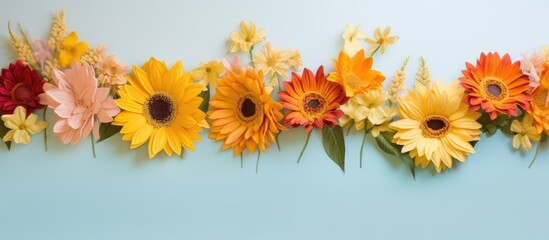 Obraz premium Sunflowers and gerbera flowers closeup on isolated pastel background Copy space