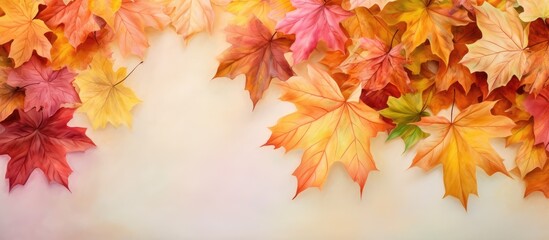 Naklejka na ściany i meble November maple leaves in compositions of autumn colors isolated pastel background Copy space