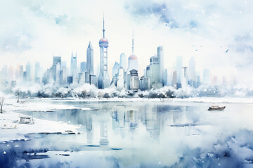 Fototapeta na wymiar Serene snow-cloaked skyline of an Asian megacity transformed into an ethereal masterpiece by delicate watercolor strokes 