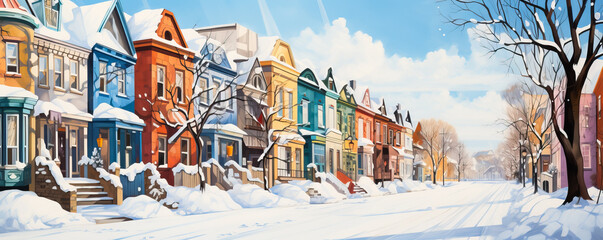 A picturesque winter street in Montreal adorned with watercolor murals capturing the charm and essence of the citys snowy beauty 