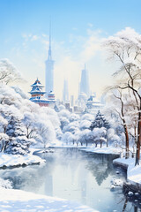 A picturesque watercolor painting capturing the ethereal beauty of snow-covered Asian megacities with towering skyscrapers amidst a serene winter landscape 