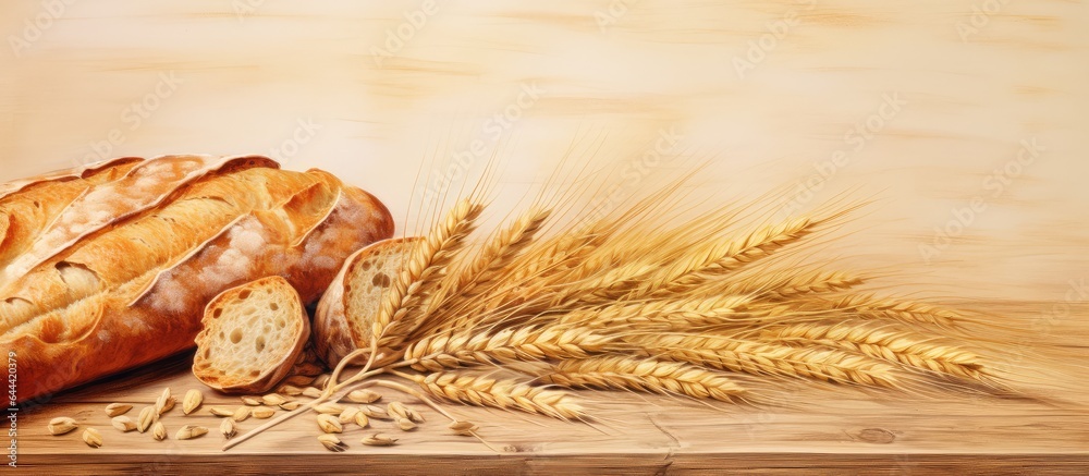 Poster loaf of wheat bread with ears of grain on a cutting board food bakery items isolated pastel backgrou