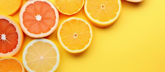 Sliced citrus fruits layered on a isolated pastel background Copy space