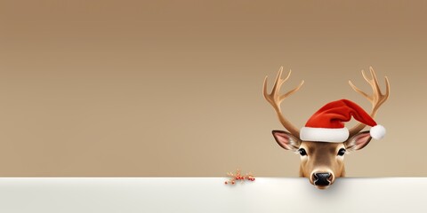 Fototapeta premium Deer with Christmas hat background. AI Generated.