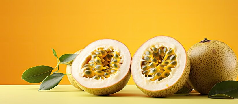 Yellow passion fruit with sweet juicy flesh and seeds isolated on a isolated pastel background Copy space