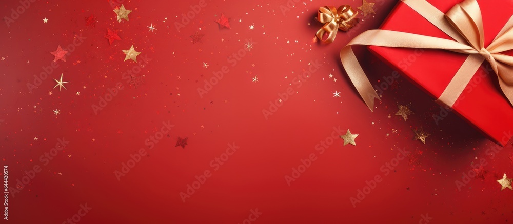 Poster Top down image of gift box in cardboard packaging with red ribbon on isolated pastel background Copy space with space for text in the background