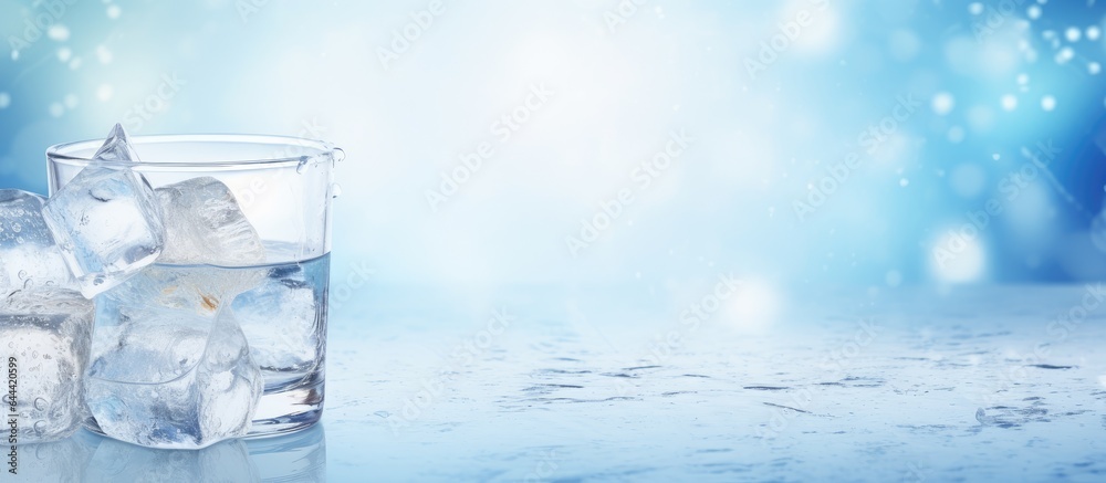 Poster water and ice in a cup ice on a black marble background with lens bokeh and light isolated pastel ba