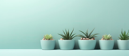 Plastic pots enhance the appearance of tiny decorative plants isolated pastel background Copy space