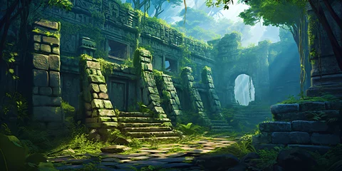 Foto auf Acrylglas jungle with stone Mayan temple ruins. Fantasy forest landscape with green trees and bushes © overrust
