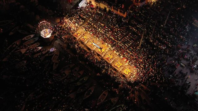 Aerial view of religious and spiritual ceremony that is performed every evening along the Ghats of the Ganges River in Varanasi, Uttar Pradesh, India.