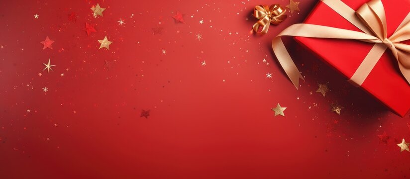 Top down image of gift box in cardboard packaging with red ribbon on isolated pastel background Copy space with space for text in the background