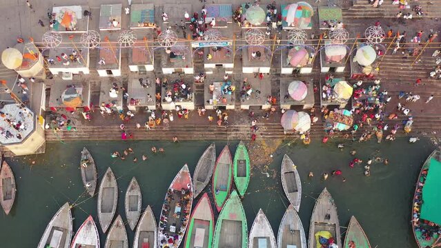 Aerial view of Varanasi, the spiritual capital of India and Ghats in Varanasi at Ganges river in Varanasi, Uttar Pradesh, India.