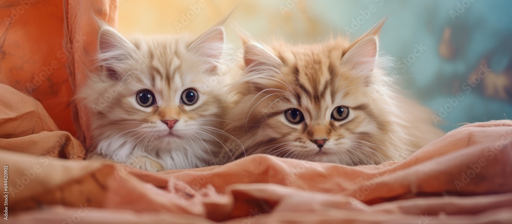 Poster two red siberian kittens resting together in their den set against a isolated pastel background copy