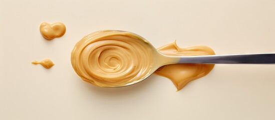 Peanut butter on a spoon against isolated pastel background Copy space American morning delight