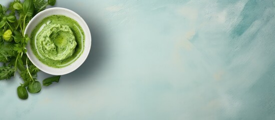 Obraz premium Top view of a bowl of delicious arugula pesto and ingredients on a isolated pastel background Copy space