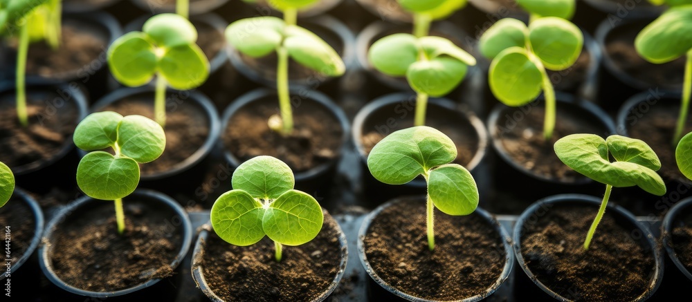 Poster selective focus and shallow depth of field capture the sprouting of young cucumber seedlings in plas