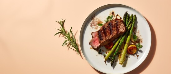 Roasted beef and asparagus on a black plate were served isolated pastel background Copy space - Powered by Adobe