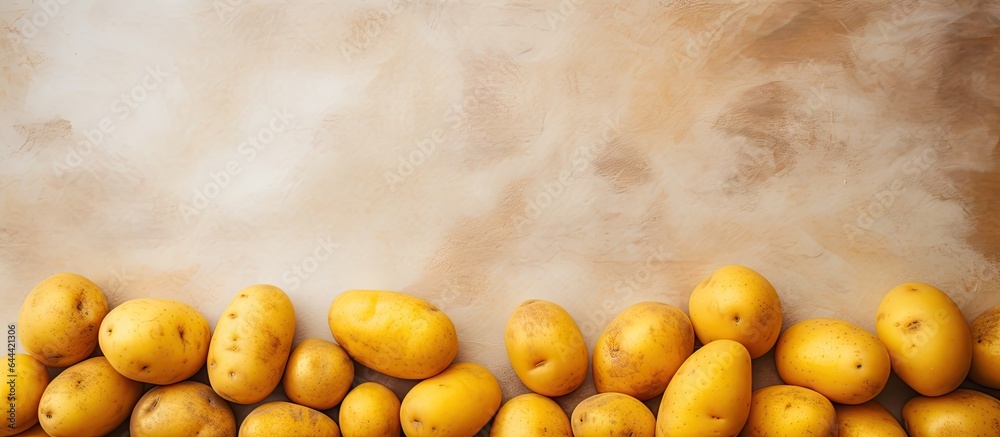 Poster Yellow potatoes with a shape are sorted on a isolated pastel background Copy space