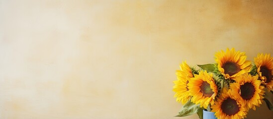 Sunflowers in yellow on table isolated pastel background Copy space