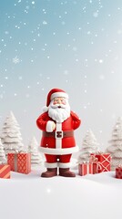 Santa Claus on snowy product display. AI Generated.