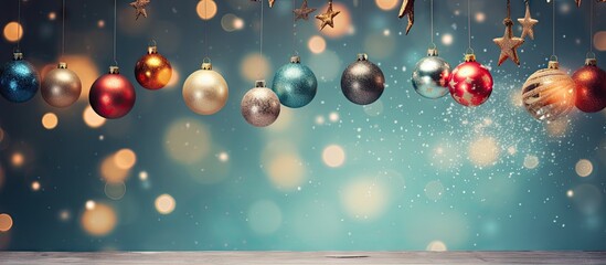 Tree adorned with Christmas ornaments lights and stars isolated pastel background Copy space