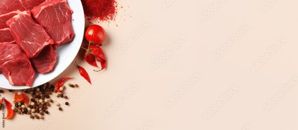 Poster raw beef fillet slices with garlic and red peppers on a black dish isolated pastel background copy s