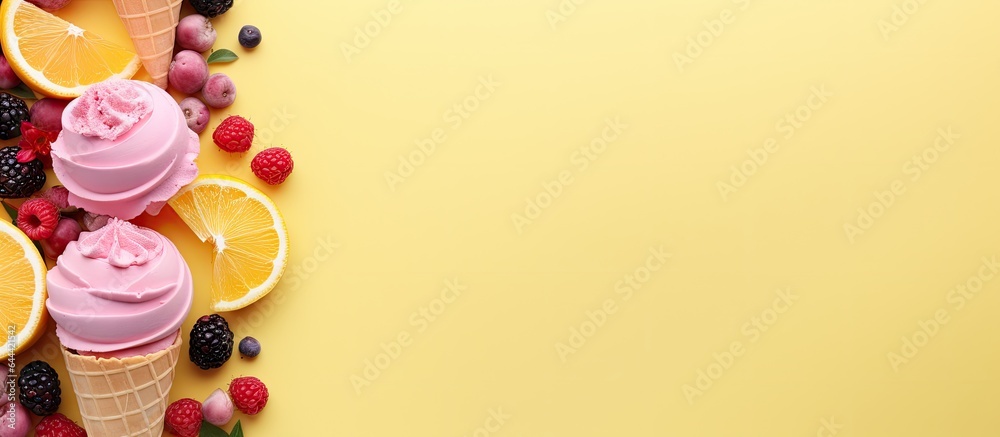 Poster sweet food with lemon and cranberry on isolated pastel background copy space is ice cream in cones
