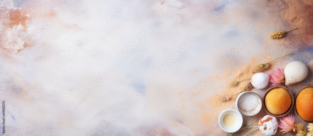 Poster Table set for baking with space for text viewed from above isolated pastel background Copy space