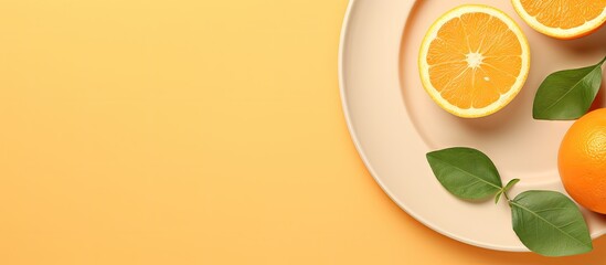Orange rectangle plate with sliced ingredient isolated on a isolated pastel background Copy space photographed for menu