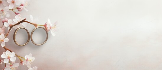 Wedding bands hanging from a branch isolated pastel background Copy space