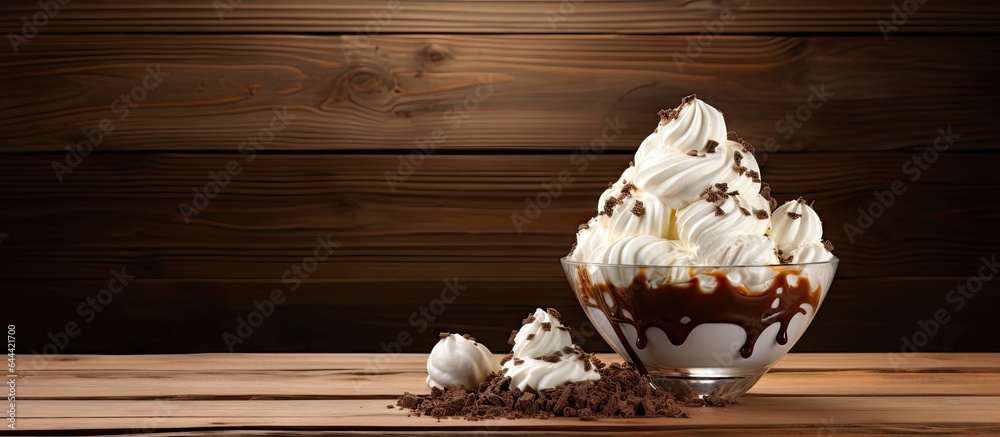 Poster vanilla ice cream with chocolate topping in a glass decorated on a rustic wooden table space for tex
