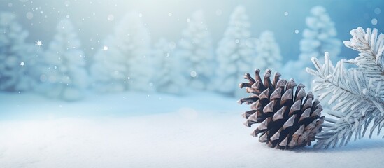 Snow covered pine cone isolated pastel background Copy space