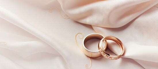 White wedding dress with wedding rings and card isolated pastel background Copy space