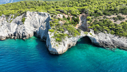 Naklejka na ściany i meble Aerial drone photo of secluded paradise emerald cave and beach called cave of the seals in Perachora, Corinthia, Greece