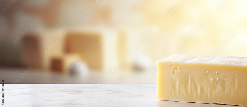 Poster selective focus on a white marble table with butter isolated pastel background copy space