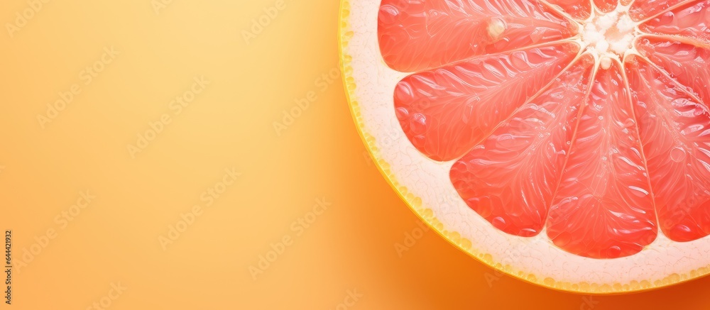 Poster Macro close up of a delicious grapefruit slice isolated pastel background Copy space