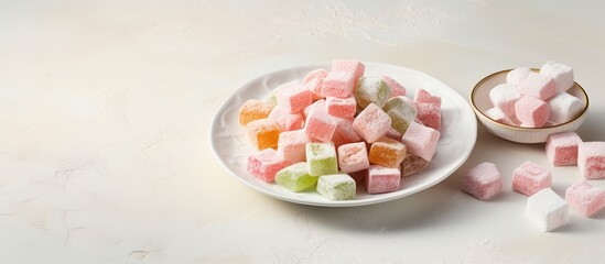 Turkish sweet on a ceramic dish isolated pastel background Copy space