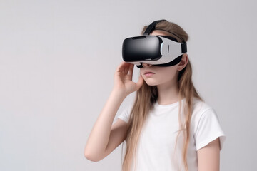 Girl in virtual glasses on a light gray background