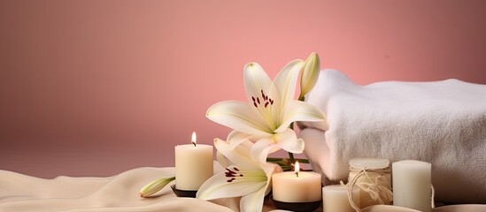 Light beige cubes with black bag white towels candles and Lily display for advertising hair removal wax isolated pastel background Copy space - obrazy, fototapety, plakaty