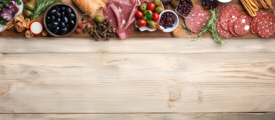 Salami and olives on a isolated pastel background Copy space as an antipasto