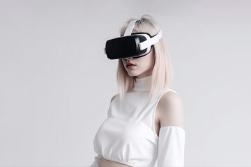 Girl in virtual glasses on a light gray background