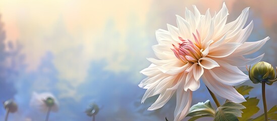 Sunlit creamy white dahlia flower viewed up close with a blurred garden background isolated pastel background Copy space