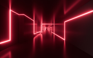 Abstract indoor building with neon light, 3d rendering.