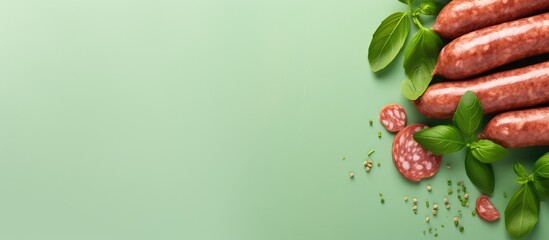 Sausage with basil leaves on a isolated pastel background Copy space
