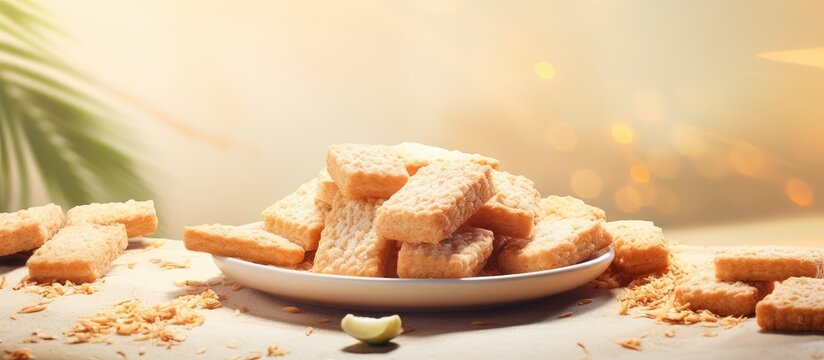 Opak ketan is a crunchy Indonesian snack made from rice flour salt sugar coconut and seasonings isolated pastel background Copy space